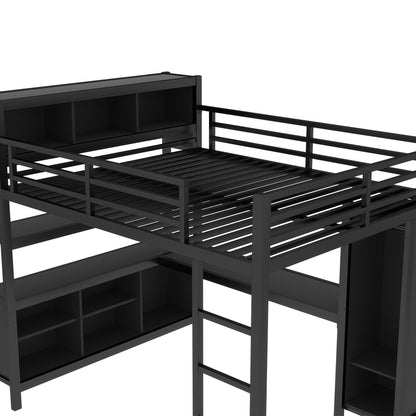 Queen Loft Bed Frame with Wardrobe and Storage Cubes, Queen Size Loft Bed with Desk and Storage Shelf, Heavy Duty Loft Beds with Guardrail, Noise Free Design, Adult Loft Bed Frame, Black