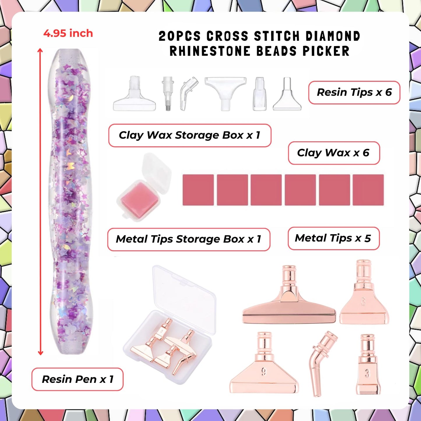 FOVIUPET 20pcs Diamond Painting Art Drill Pen Set, Resin Luminous 5D Point Drill Pen Tools with Metal/Resin Tips, Cross Stitch Diamond Rhinestone Beads Picker DIY Nail Art Embroidery Tools (Purple)