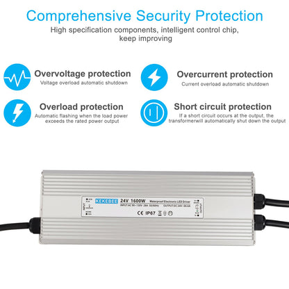 KEKEBEE LED Driver 24V1600W Waterproof Power Supply AC 90-130V to DC 24V66.6A Waterproof Switching Power Supply IP67 Transformer Suitable for Indoor and Outdoor LED Lighting and Any 24V DC Equipment