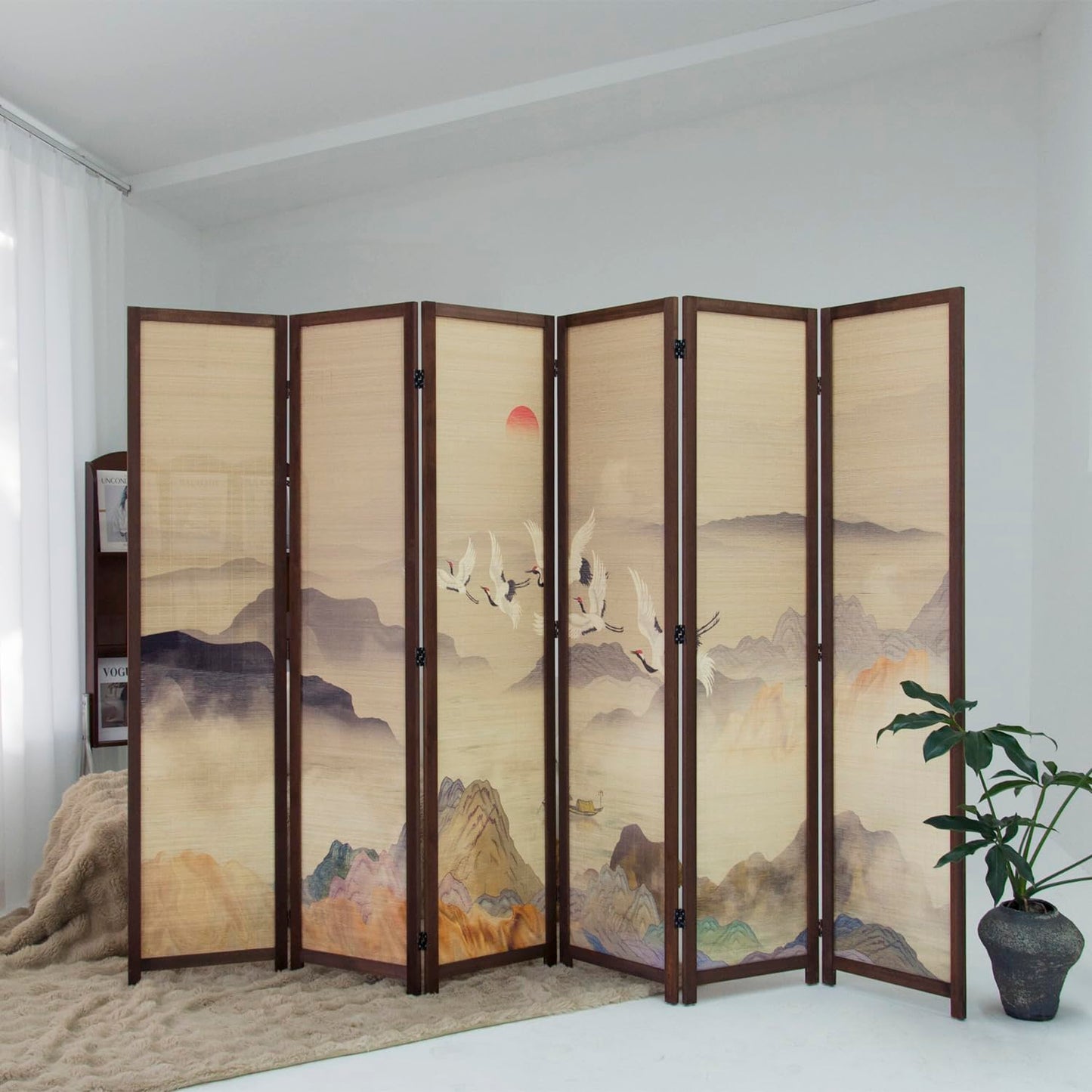 Furnnylane 6 Panel Bamboo Room Divider, 5.6 ft Tall Double-Sided Freestanding Folding Privacy Screen, Premium Thickened Wood Frame with Colorful Landscape Pattern for Home Office (67" H x 94.5" W)