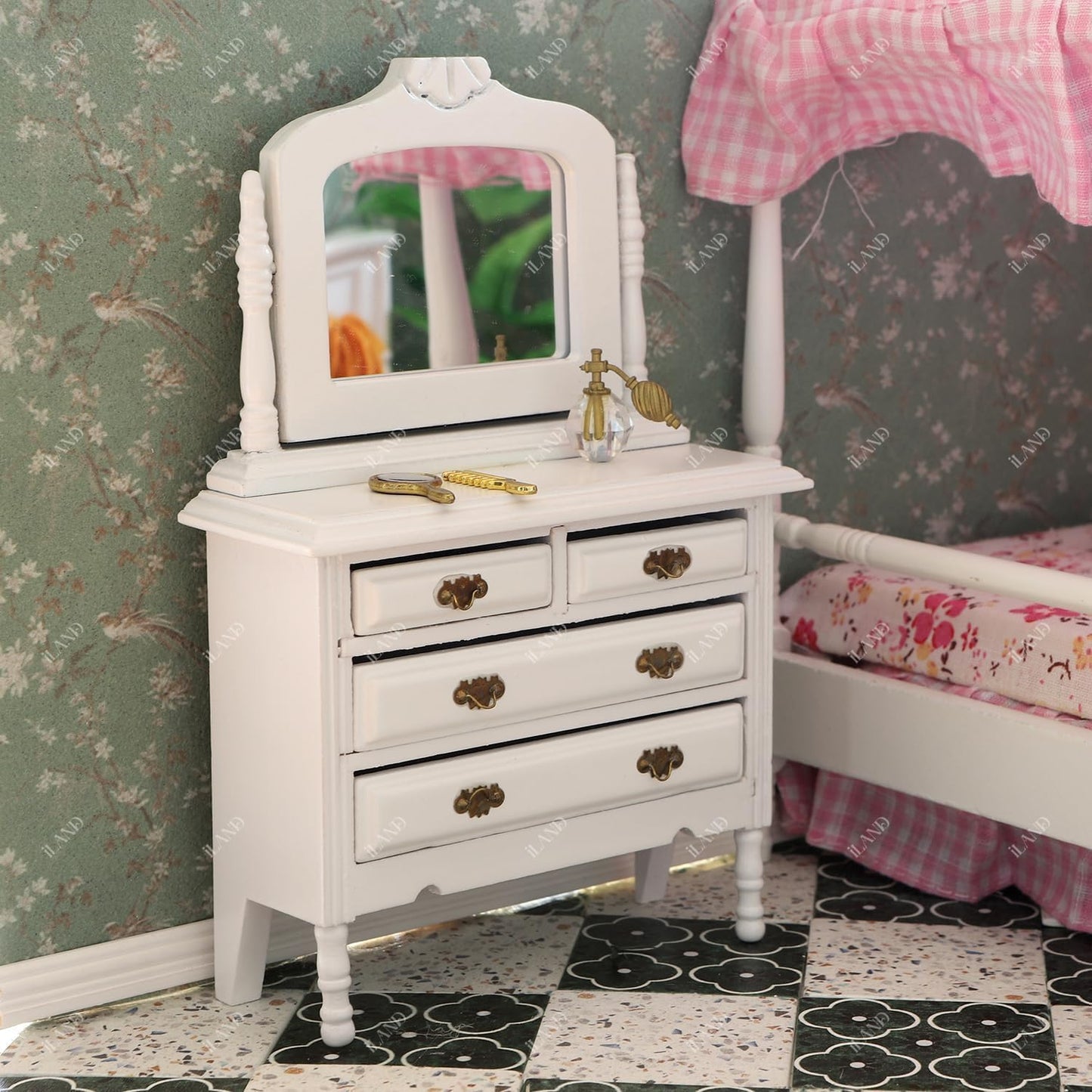 iLAND Dollhouse Furniture Bedroom Set Doll House Mini Bed for Dolls Wooden Miniature Furniture with 1 12 Scale Accessories Pink Dollhouse Accessories Decor