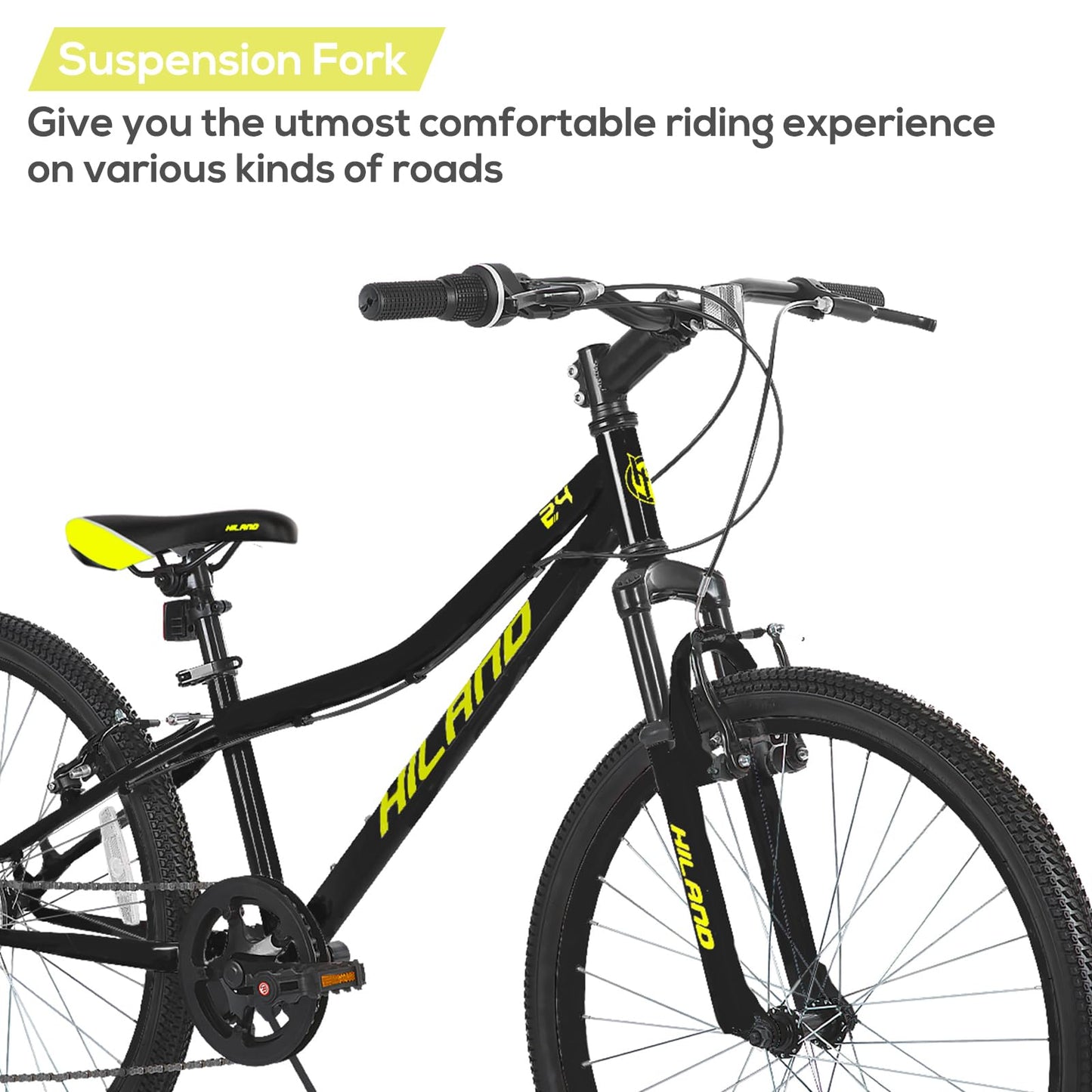 HH HILAND 24 Inch Mountain Bike for Kids Age 7-15 Year Old, 7-Speed, Front Suspension Fork, Kids' Bicycles for Boys Girls Black