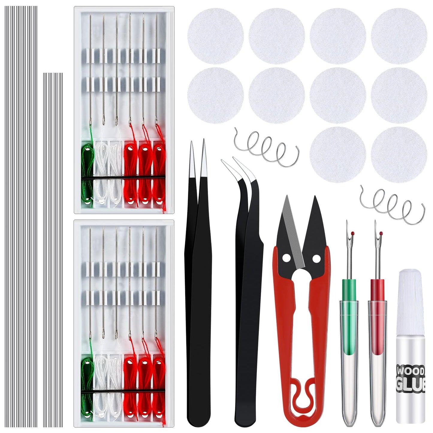 2 Sets Christmas Elf Upgrade Kit with Seam Ripper, Sewing Box Set, Glue Point Dots, Floral Stem Wire, Tweezers, DIY Glue, and U Shaped Scissors for Making Your Elf Flexible and Bendable Accessories