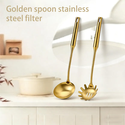 Gold Ladle Stainless Steel Strainer & Serving Spoons Set Premium Pasta Strainer for Cooking, Stirring, Serving Pasta, Soup & Sauce - Heavy-duty Kitchen Utensils for Daily Use & Gifting