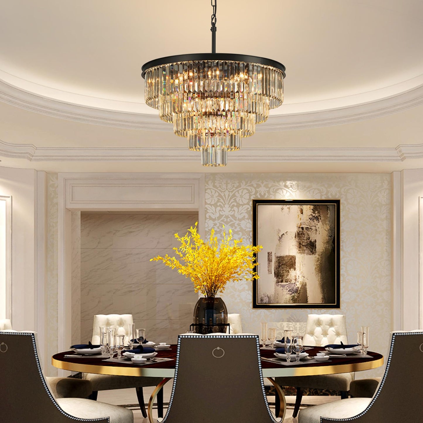 Crystal Chandeliers for Dining Room Lights Fixture Over Table, 20 Lights Black Modern Chandeliers for Living Room, 5-Tier Round Crystal Lighting Fixtures for Bedroom Entryway Kitchen Island D30 Inch