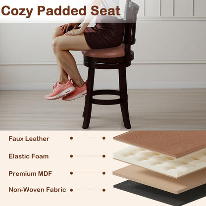 COSTWAY 26" Counter Height Stools Set of 4, Swivel High-Top Chairs with Backrest & Faux Leather Padded Seat, Rubber Wood Counter Barstools with Footrest for Kitchen, Dining Room, Pub (4,26'')