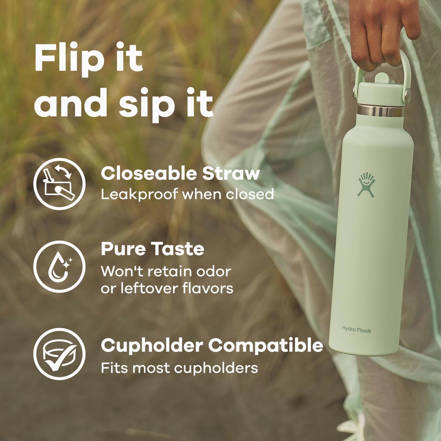Hydro Flask Water Bottle - Insulated Stainless Steel - Straw Lid, Non Spill, Leakproof 24 Oz Black
