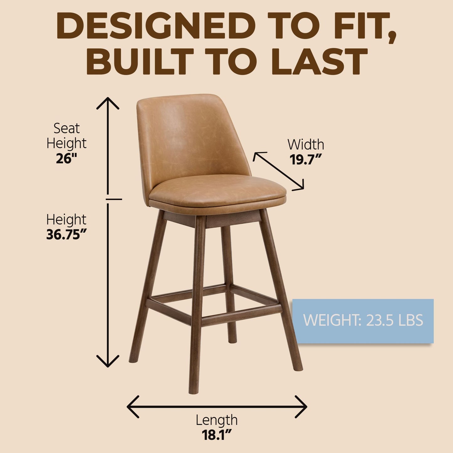 ROME + OAK Rowan 26 Inch Swivel Counter Height Stool in Walnut Finish with Brown Vegan Leather Upholstery Seat - Kitchen or Dining Room Furniture