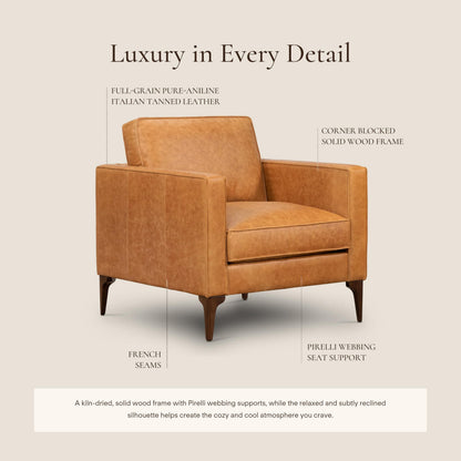Poly & BARK Mateo Leather Lounge Chair – Cognac Tan Full-Grain Leather Upholstery – Modern Upholstered Accent Chair for Living Room or Bedroom – Indoor Lounge Seating with Timeless Comfort