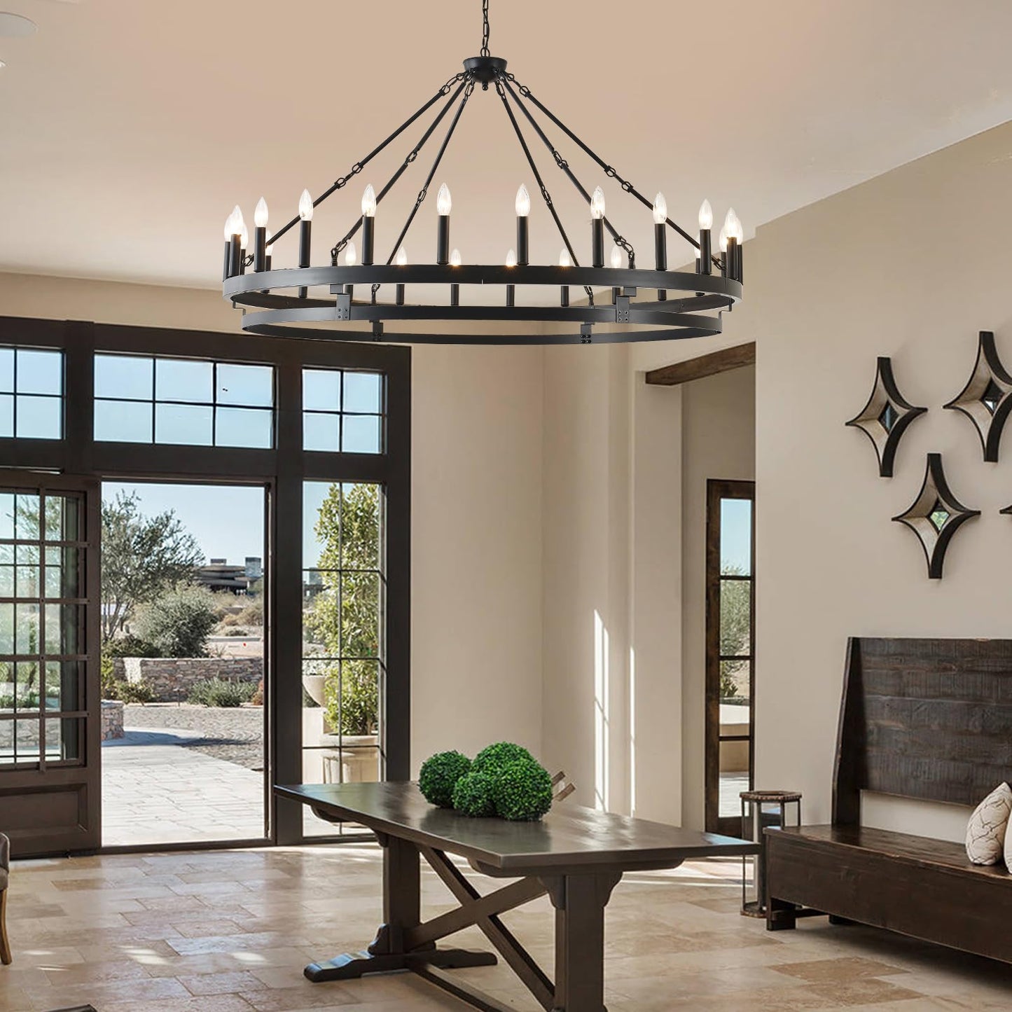 JKLX 53 inch Large Black Wagon Wheel Chandelier,Farmhouse Industrial Country Style Round Pendant Light Fixture,Round Ceiling Light fixtures for Outdoor Porch high Ceilings Living Foyer Entryway