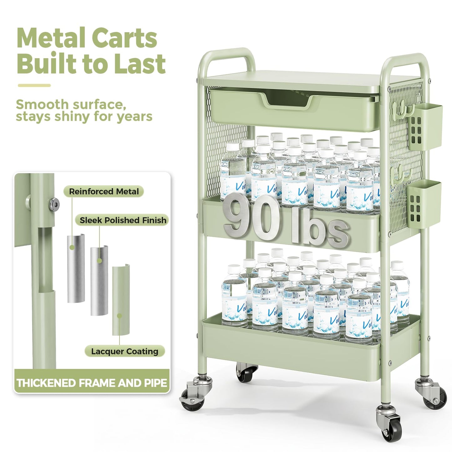Rolling cart with Drawers - 3 Tier Metal Multifunctional Storage Organizors on Wheels with Tabletop, Hooks & Basket, Sturdy Craft & Art Cart for Bathroom, Bedroom, Children Room, Green