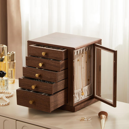 CHOSIN Black Walnut Wooden Jewelry Box, 360° Rotating Organizer with Glass Lid, 5 Drawers for Earrings, Rings, Necklaces – Vertical Jewelry Storage for Women, Ideal Gift for Her
