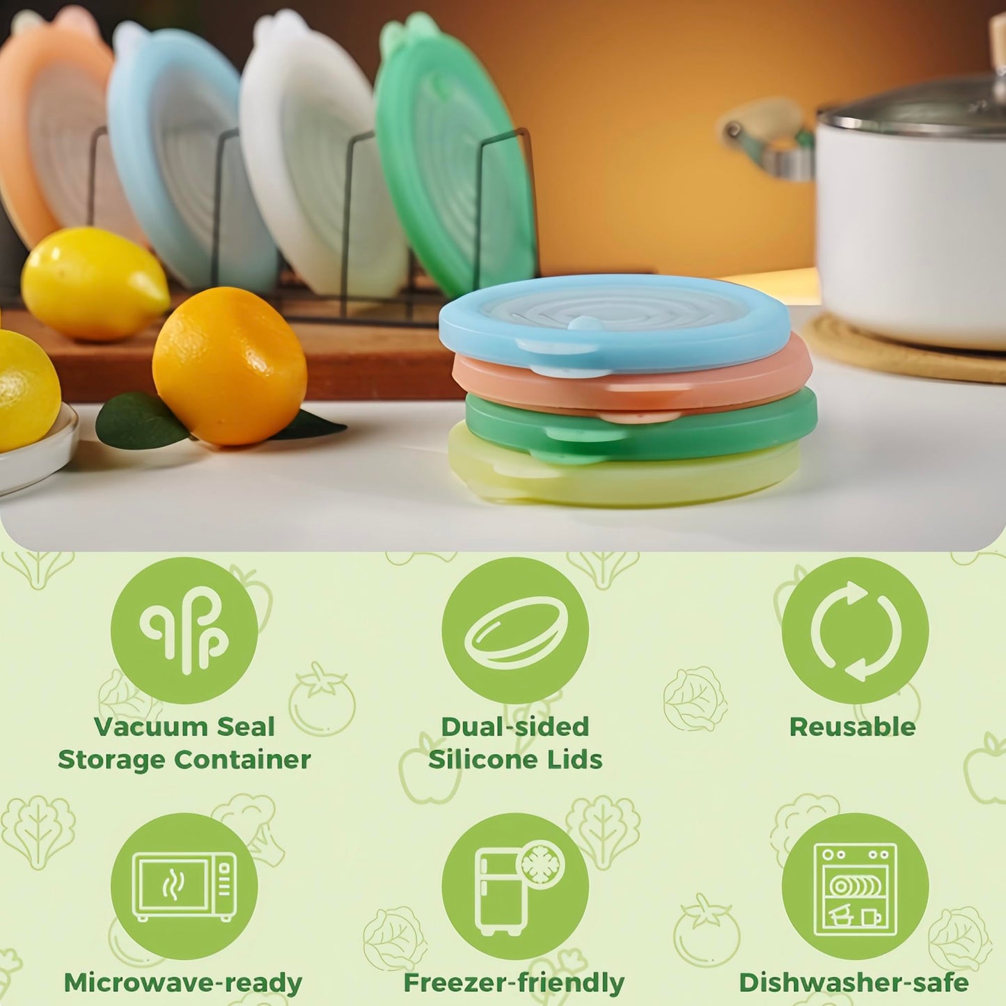 Silicone Reusable Vacuum-Seal Storage Containers for Fridge,Fresh Fruit,Vegetables,Garlic,Onions,Lemons,Potatoes,Meat,for Microwave Oven Heating,Freezer,Dishwasher,Avocado Saver,Tomato Holder,2 Pack
