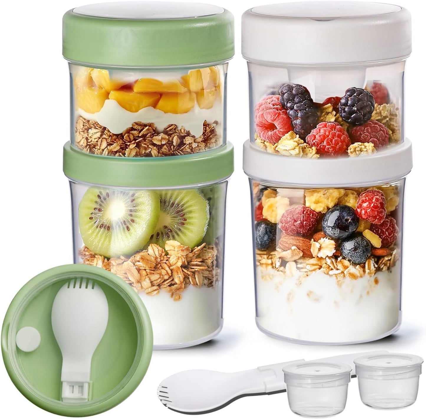 2 Pack 27 oz, ComSaf Overnight Oats Containers with Lids Plastic Yogurt Parfait Cups with Folding Spoons to Go, Salad
