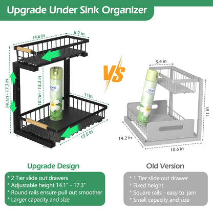 ADRIMER Under Sink Organizer 2 Packs, Pull Out Kitchen Sink Organizer, 2 Tier Slide Out Kitchen Organizers and Storage Bathroom Under Cabinet Storage Shelf, Black