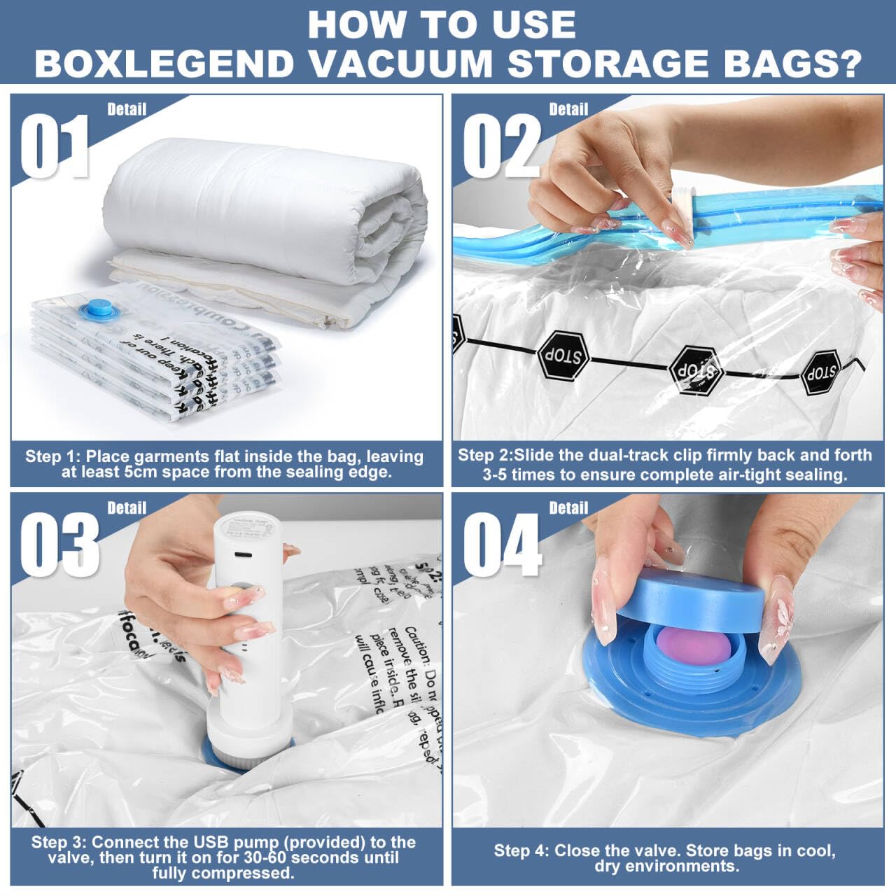 BoxLegend Vacuum Storage Bags with Electric Pump 26 Combo (3X-Jumbo, 5 Jumbo, 5 Large, 8 Medium, 5 Small) Thickened Vacuum Seal Bags for Clothing Space Saving for Coat Quilt Blanket Pillow Comforters