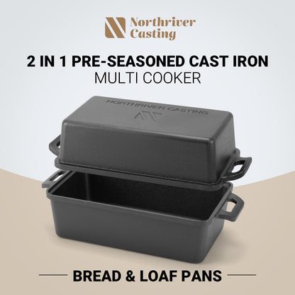 Northriver Casting 9×5 Inch Cast Iron Loaf Pan with Lid | Bread Baking Pan | Even Heat Distribution for Homemade Bread, Cake, and Meatloaf | 2 Piece Set