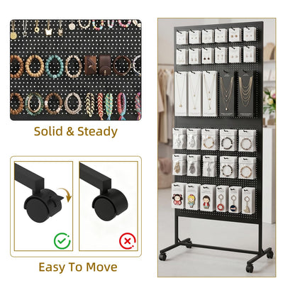 Arbuxzuy 2 x 5.5 Feet Pegboard Display Stand with 10 Hooks, Peg Board Stand with Wheels, Standing Pegboard Display, Metal Freestanding Pegboard Craft Shows Vendors Retail Jewelry Organizer (Black)
