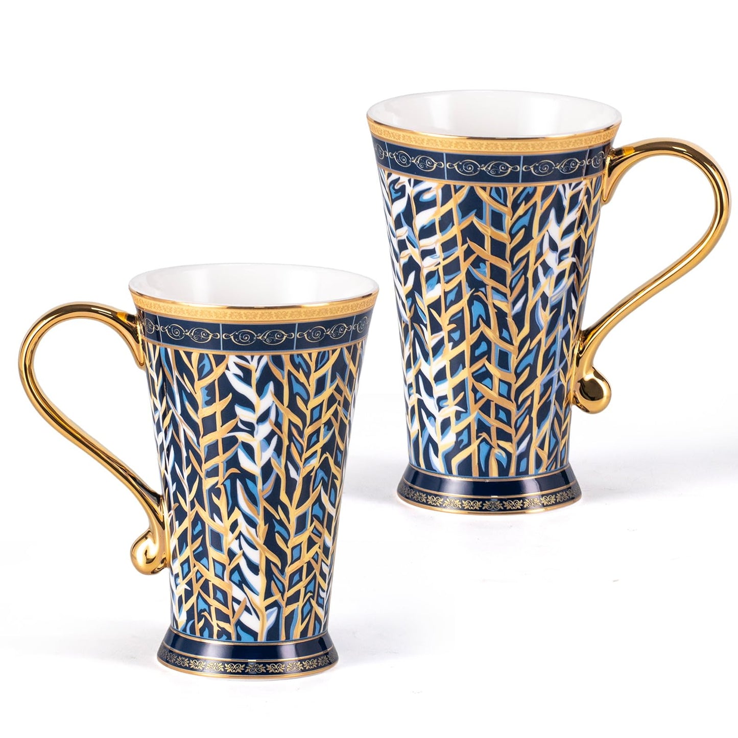 KAMMAK Bone China Mugs Set of 2, Ceramic Tea and Coffee Cups, 10.8oz Porcelain Tall Mugs Set, Hand-painted Cappuccino Mug for Latte, Americano, Breakfast Cereal, Hot Cocoa, Drinks (NX33)