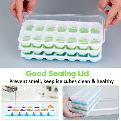 Silicone Ice Cube Tray, 8 Pack Easy-Release & Flexible 14-Ice Cube Trays with Spill-Resistant Removable Lid, Stackable Ice Trays with Covers for Freezer, Cocktail (4 Blue + 4 Green)