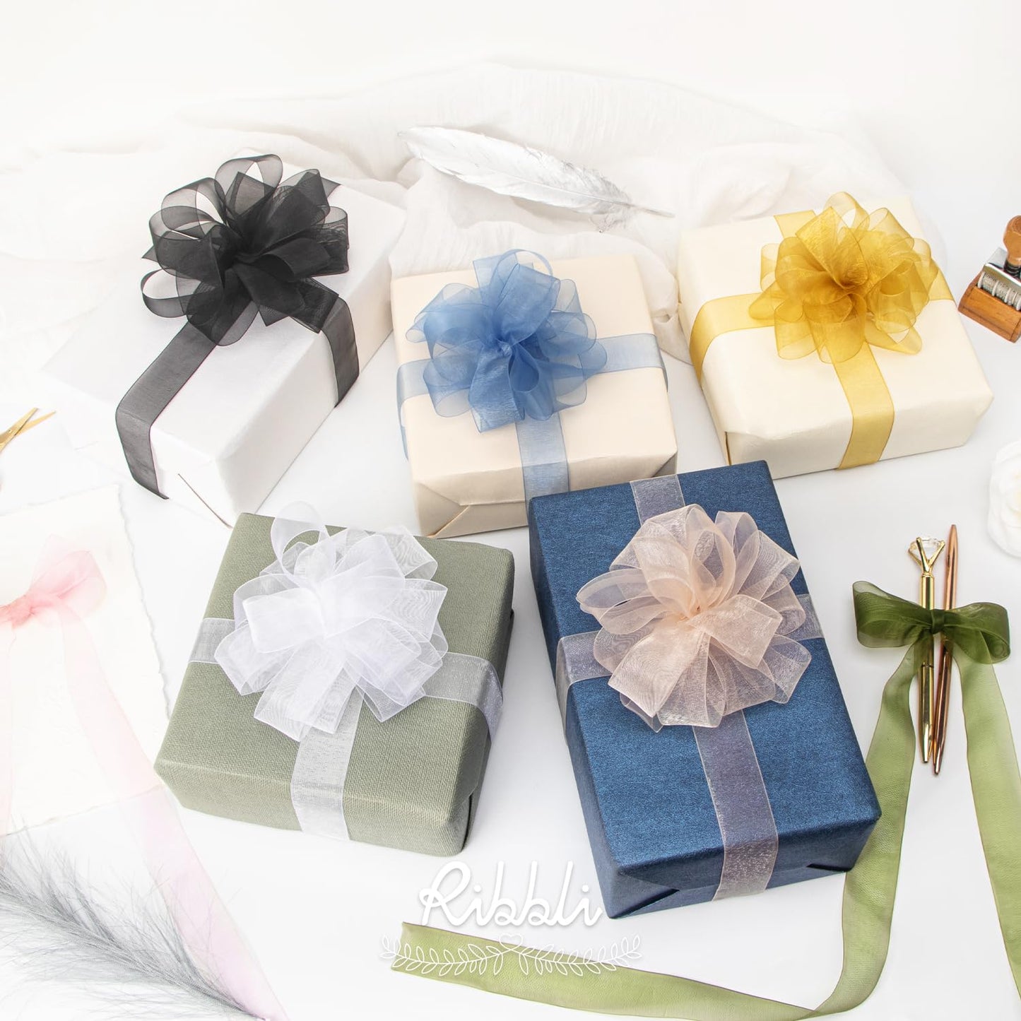 Ribbli Organza Ribbon 1 Inches 8 Rolls Total 80 Yard White Ivory Champagne Gold Rose Gold Dusty Blue Moss Black Sheer Ribbon for Gift Wrapping,Cookie Wrapping,Easter,Wedding Decoration