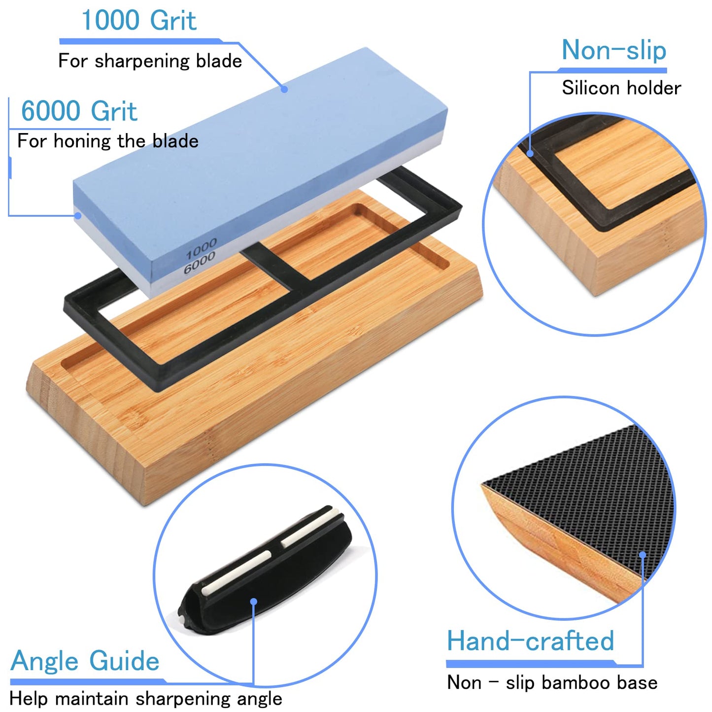 Whetstone Knife Sharpening Stone Kit - Double Sided Whetstone Knife Sharpener 1000/6000 Grit, Professional Honing Sharpening Stone Set With Slip-Resistant Bamboo Base and Angle Guide