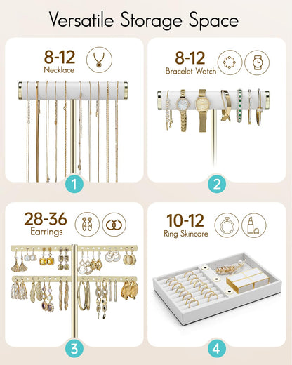 VLANDO 3 Tier Necklace Holder Organizer with Tray, Leather Bracelet Holder Display for Women, Gold Jewelry Stand for Bracelet, Necklace, Earrings, Rings - White