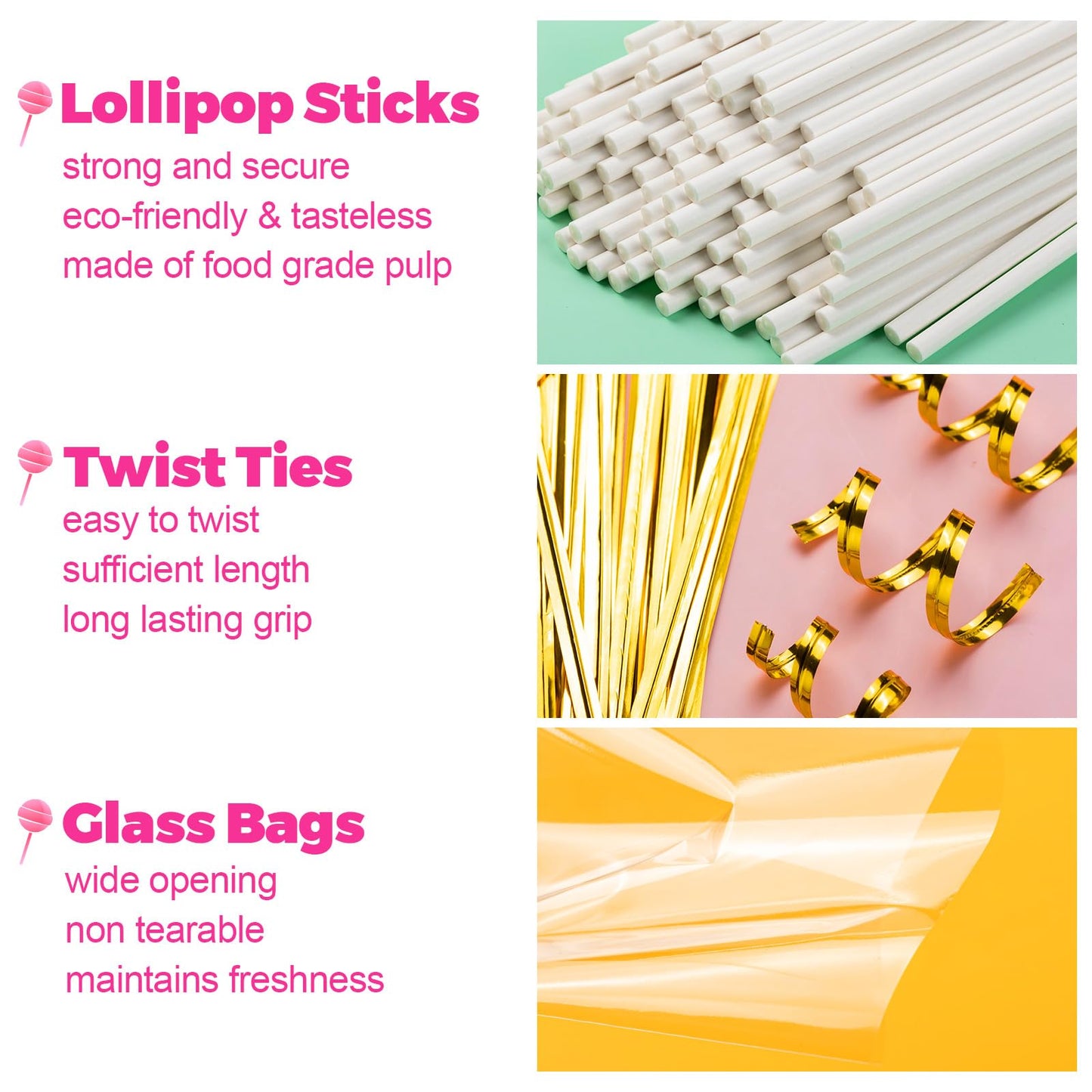 600Pcs Lollipop Stick, 6IN Cake Pop Sticks with Clear Treat Bags & Gold Twist Ties, Cake Pops Making Tools for Lollipops, Candies, Chocolates Cookies