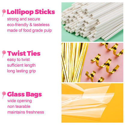 600Pcs Lollipop Stick, 6IN Cake Pop Sticks with Clear Treat Bags & Gold Twist Ties, Cake Pops Making Tools for Lollipops, Candies, Chocolates Cookies