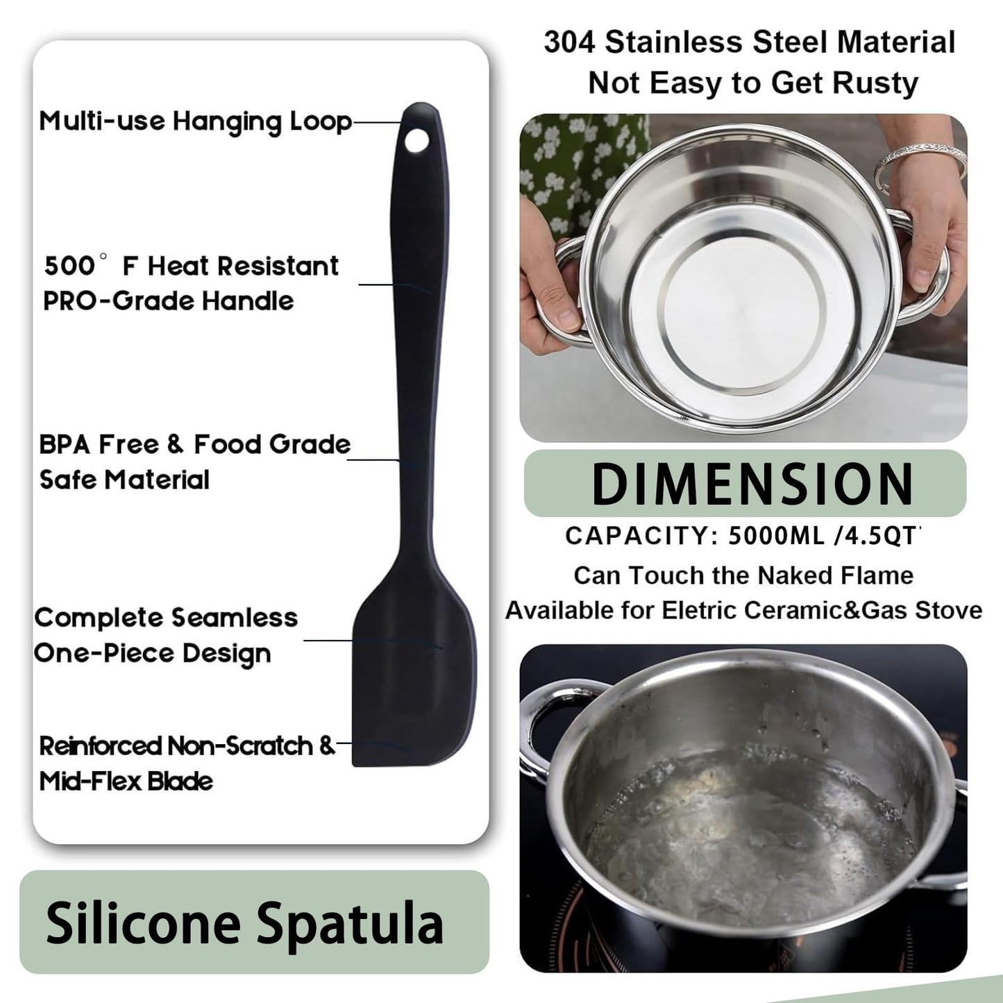 Large Double Boiler Pot Set,3500ML/3.1QT Mixing Bowl for Chocolate Melting, 5000ML/ 4.5QT 304 Stainless Steel Pot With Silicone Spatula for Melting Chocolate, Candy, Candle, Soap, Wax