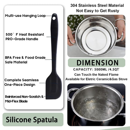 Large Double Boiler Pot Set,3500ML/3.1QT Mixing Bowl for Chocolate Melting, 5000ML/ 4.5QT 304 Stainless Steel Pot With Silicone Spatula for Melting Chocolate, Candy, Candle, Soap, Wax