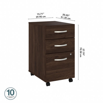 Bush Business Furniture 3 Drawer Mobile File Cabinet - Assembled, Rolling Document Storage for Home or Professional Office, Studio C Collection, Black Walnut