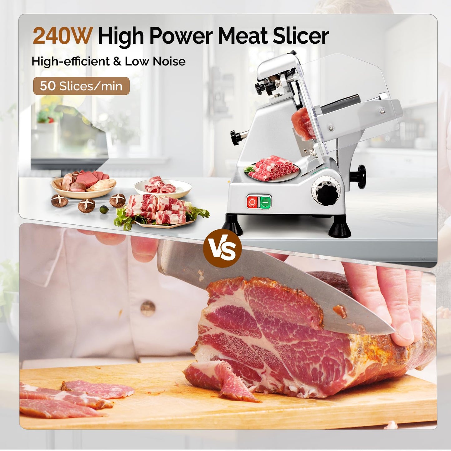 ROVSUN 10 inch Commercial Meat Slicer, 240W Electric Meat Slicer Machine, Frozen Meat Deli Cheese Food Slicer with Adjustable Thickness(0-12mm), Upgraded Carbon Steel Blade for Home and Commercial