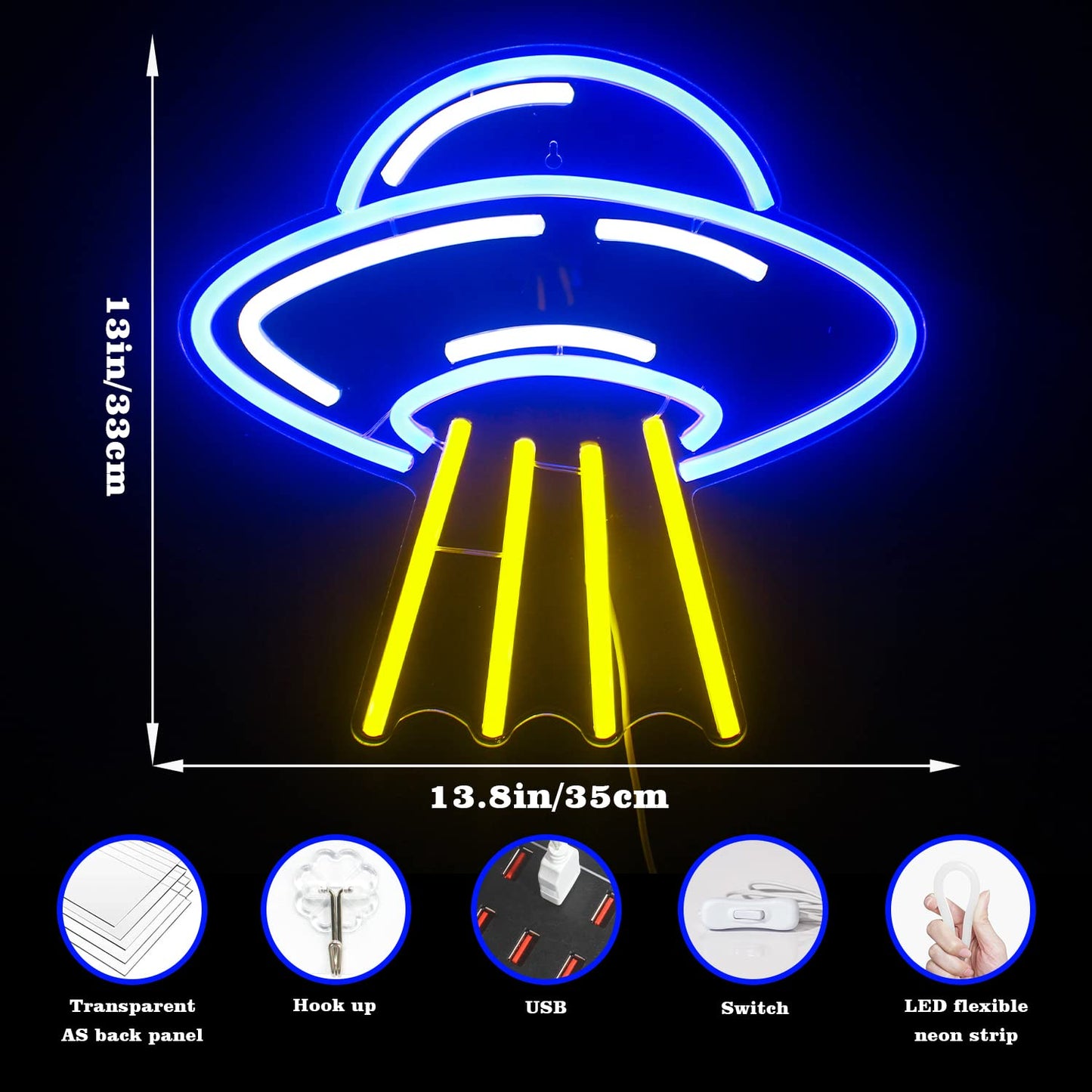 LUCUNSTAR UFO Neon Sign For Room,Alien Spaceship Dimmable LED Neon Light, Space Neon Signs for Wall Decor, Blue UFO Neon Light up Sign for Bedroom Game Room Wall Decor,Ufo Lovers