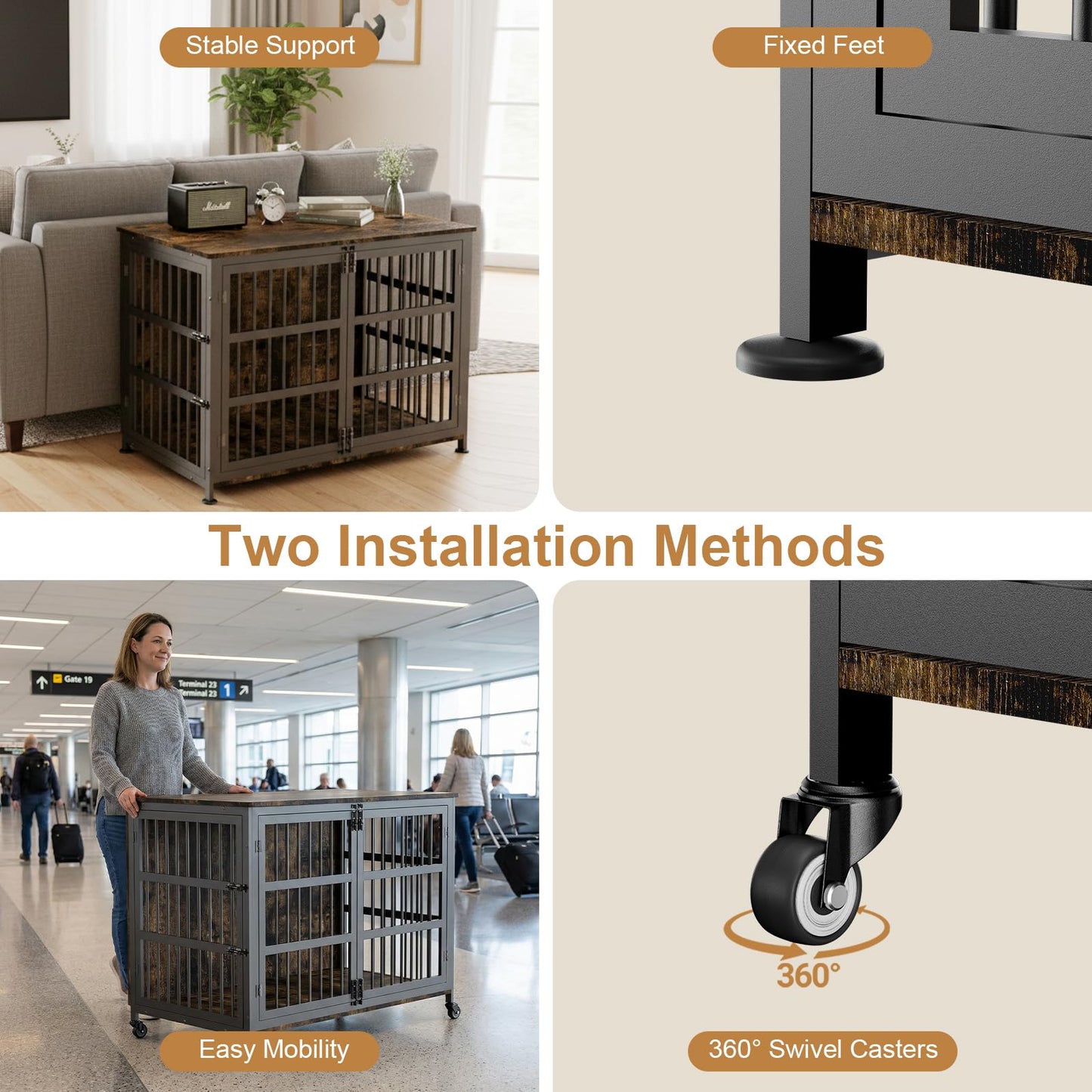 46" Dog Crate Furniture with Wheels, XXL Heavy Duty Dog Kennel Indoor for XL Dogs, Metal Chew-Proof Dog Cage, 45.9" L x 27.6" W x 32.4" H, Decorate House as TV Stand, End Table — Rustic Brown