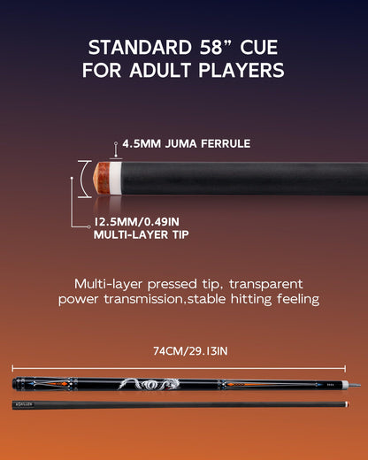 KONLLEN Carbon Fiber Pool Cue 2.0, 58-inch Low Deflection Billiard Stick for Adults with 12.5mm Tip and Pro Taper