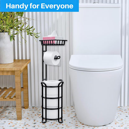 Skiennix Toilet Paper Holder Stand - Free Standing Tissue Roll Storage Rack with Shelf | Black
