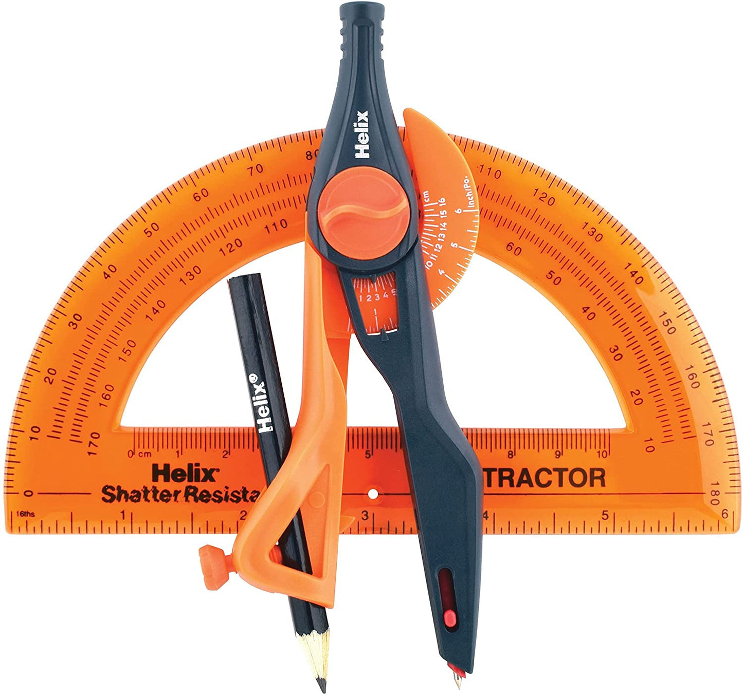 Helix Geometry Tool Set – Locking Compass, Protractor, and 360° Angle & Circle Maker with Integrated Templates – Precision Drawing & Measuring Kit for Students and Professionals