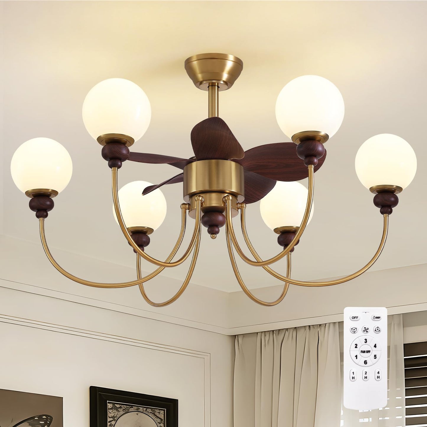 CROSSIO Luxury Mid Century Gold Fandelier 36" Large Ceiling Fans with Lights and Remote Control 6 Speeds 6 Lights Vintage Globe Chandelier Fan for Living Room Dining Room
