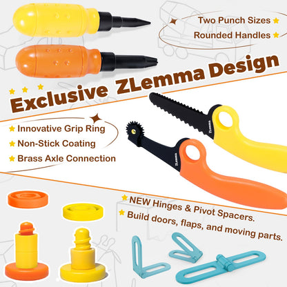 ZLemma Cardboard Construction Kit - 401 PCS Kids Building Set with Safe Serrated Cutter, Crease Roller, Screws & Nuts, STEM Upcycled Tool for DIY Cardboard Projects, Engineering & Creativity