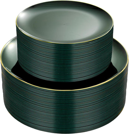 PULOTE 100PCS Green Plastic Plates - Green Disposable Plates With Gold Rim - Include 50 Pieces Dinner 10.25inch,50 Pieces Dessert 7.5inch for Party&Christmas