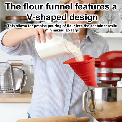Foldable Flour Funnel, Silicone Pouring Chute Baking Funnel Attachment with Scoop Cleaning Brush Hanging Hooks Kitchen Stand Mixer Accessories for Flour Sugar Liquids, Dishwasher Safe