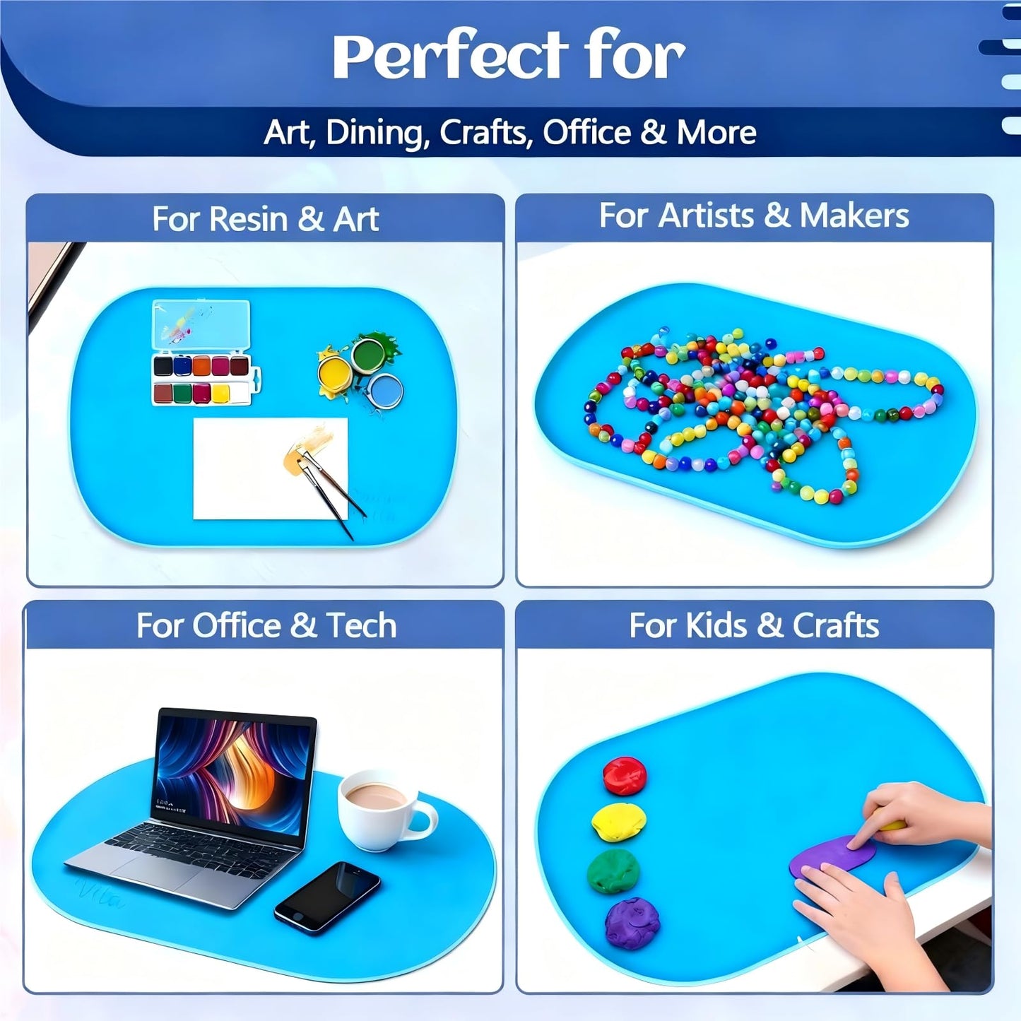 CealumVita 24"x16" Oval Silicone Mats for Crafts - Non-Slip Painting Mat with Raised Edges, Reusable Table Protector for Resin, Clay, Paint ，Playdough ，Jewelry-Making & Crafts Creation (Blue)