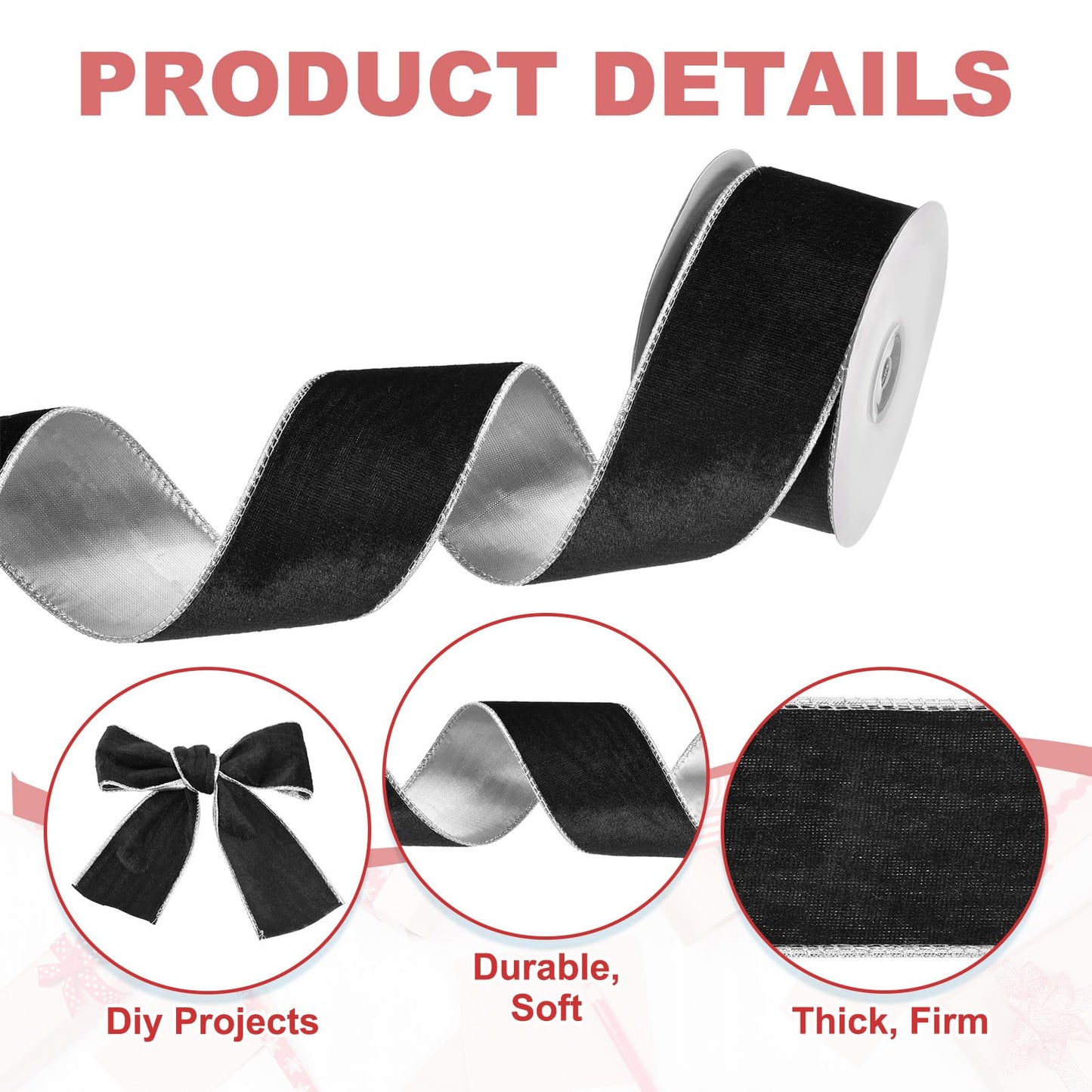 PATIKIL 10 Yards x 2.5" Christmas Ribbon, Velvet Ribbons Gift Wrapping Ribbon for Craft Birthday Wedding Festival Holiday Decoration, Black/Silver