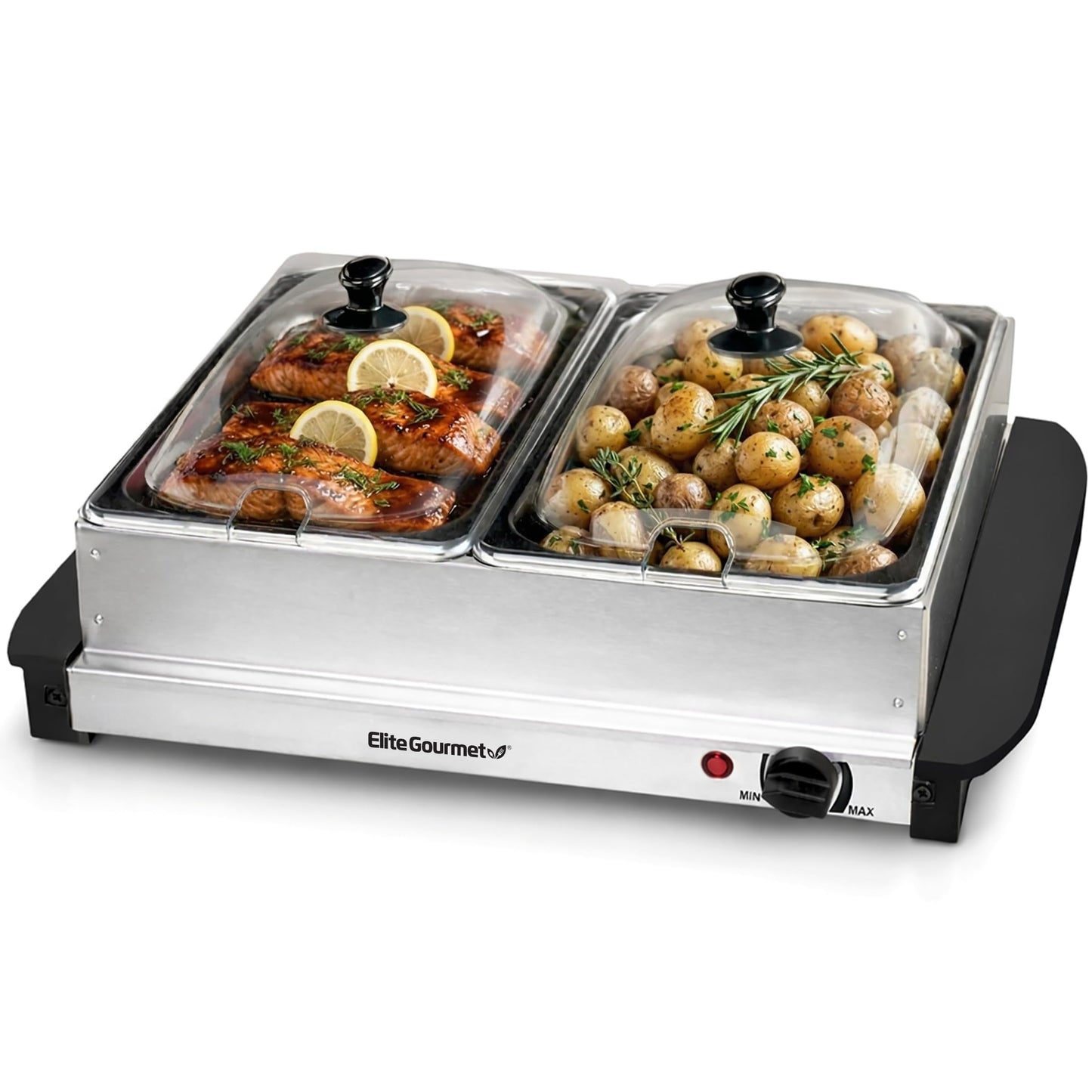 Elite Gourmet EWM-6122 Dual 2 x 2.5 Qt. Trays, Buffet Server, Food Warmer Temperature Control, Clear Slotted Lids, Perfect for Parties, Entertaining & Holidays, 5 Qt Total, Stainless Steel