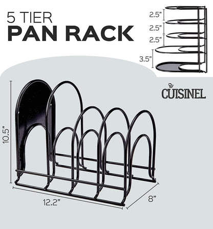 Cuisinel Heavy Duty Pots and Pans Organizer Rack - 12.2"-Inch Tall - 5 Tier Rack - Holds 50 LB - Cast Iron Skillets, Griddles, Shallow Cookware - Space Saving Kitchen Storage - No Assembly Required