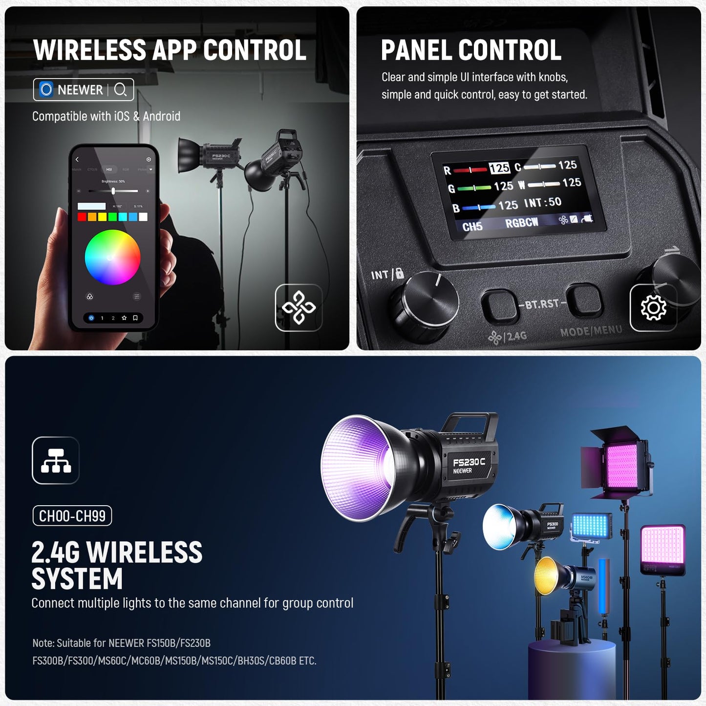 NEEWER 230W High Power RGB LED Video Light, APP/2.4G Control, 2500K-7500K 23000lux/1m COB Continuous Output Lighting, 17 Effects CRI95+ Bowens Spotlight for Studio Photography Video Recording, FS230C