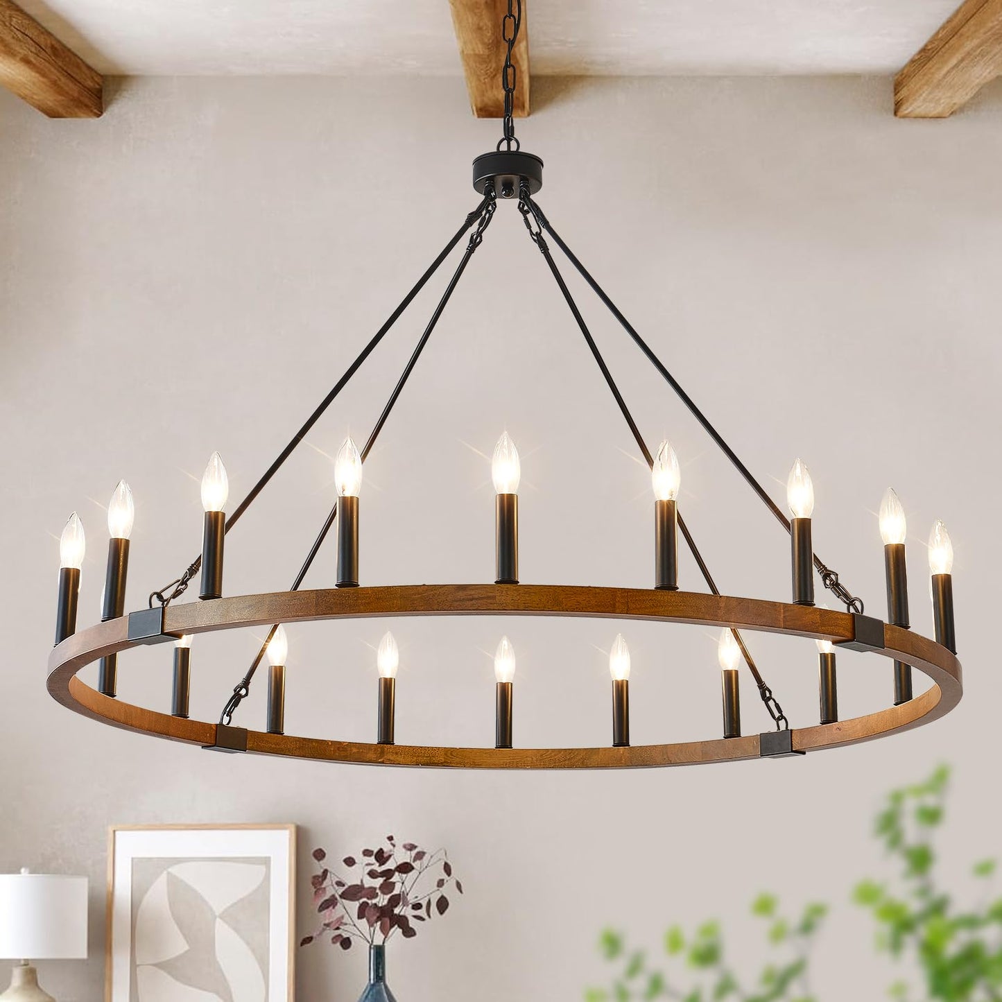 HHR 48 Inch Wood Wagon Wheel Chandelier, 20-Light Large Rustic Chandeliers for High Ceilings, Farmhouse Dining Room Light Fixtures for Foyer, Living Room, Porch