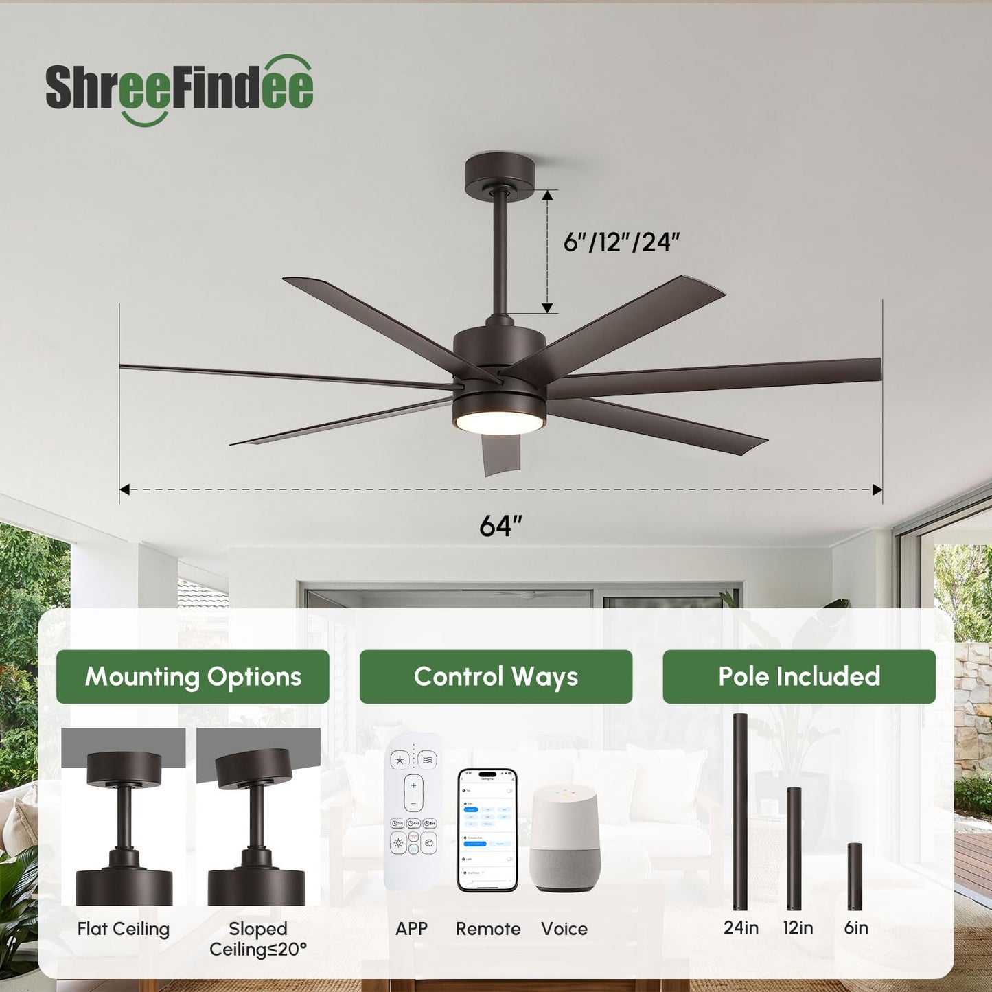 56 Inch Outdoor Smart Ceiling Fan with Lights, IP65 Wet-Rated All-Weather Waterproof Fan, Alexa/App/Remote Control, 7 UV-Proof Blades, High CFM Quiet DC Motor for Patio, Porch, Gazebo & Commercial