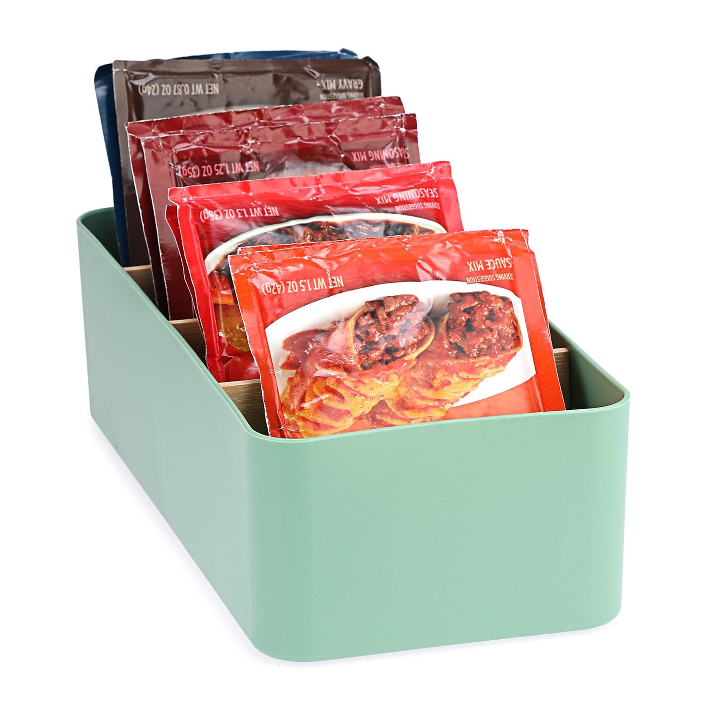 BSTKEY Seasoning Packet Organizer, Food Storage Organizer with Divided 4 Bamboo Wood Compartments, Green Plastic Storage Caddy for Pantry Cabinet, Kitchen Organization Bin for Snacks Spice Packets